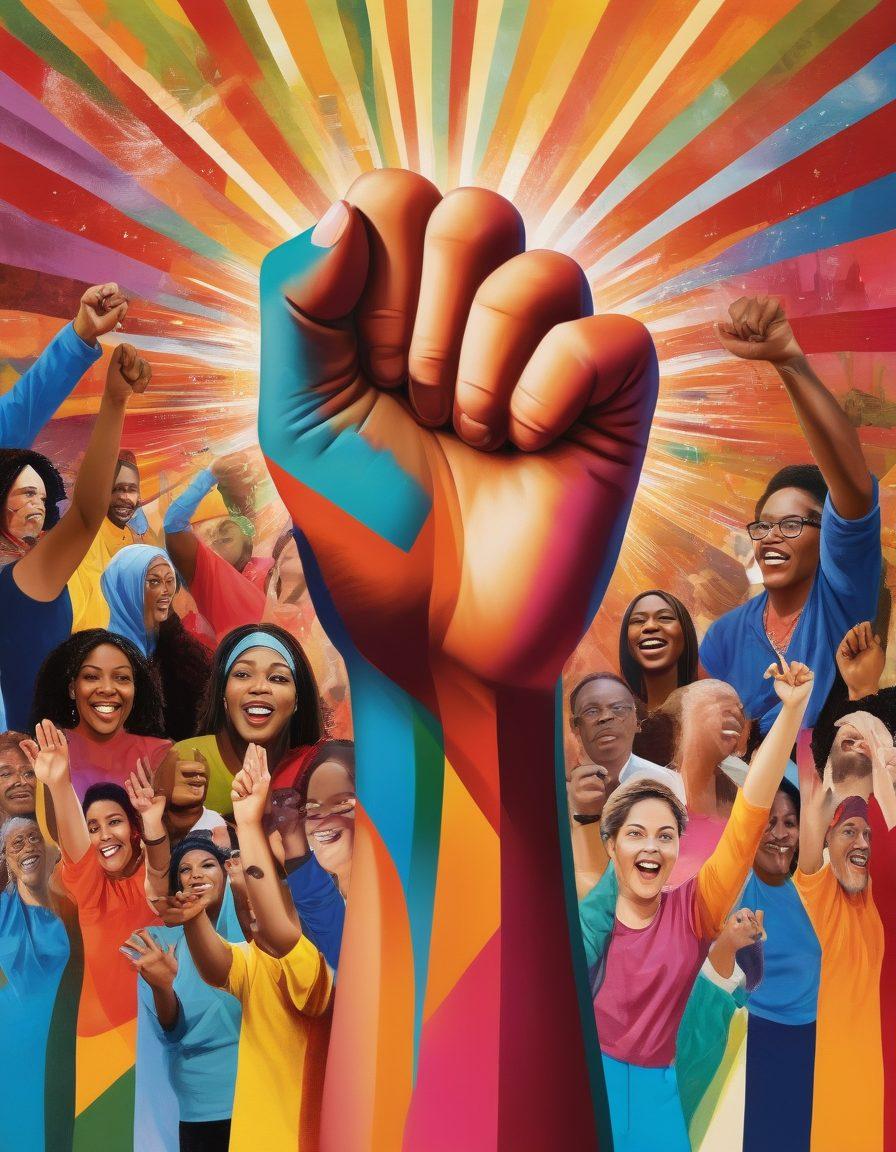 A dynamic collage of diverse community members joyfully engaging in various forms of collective action, such as protests, workshops, and group discussions. The backdrop features vibrant symbols of empowerment like raised fists and interconnected hands. Illustrate a sense of unity and positivity, with bright colors and uplifting expressions on people's faces. Include visual representation of civic tools like banners and informational pamphlets. vibrant colors. super-realistic.