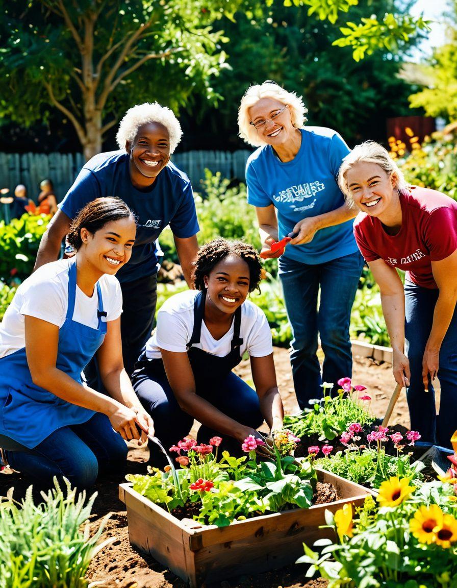 A diverse group of volunteers joyfully working together in a vibrant community garden, planting flowers and vegetables, with smiles and laughter. Show people of different ages and backgrounds collaborating, surrounded by colorful plants and tools symbolizing growth and connection. Sunlight streaming through trees, creating a warm, uplifting atmosphere. super-realistic. vibrant colors. sunny background.