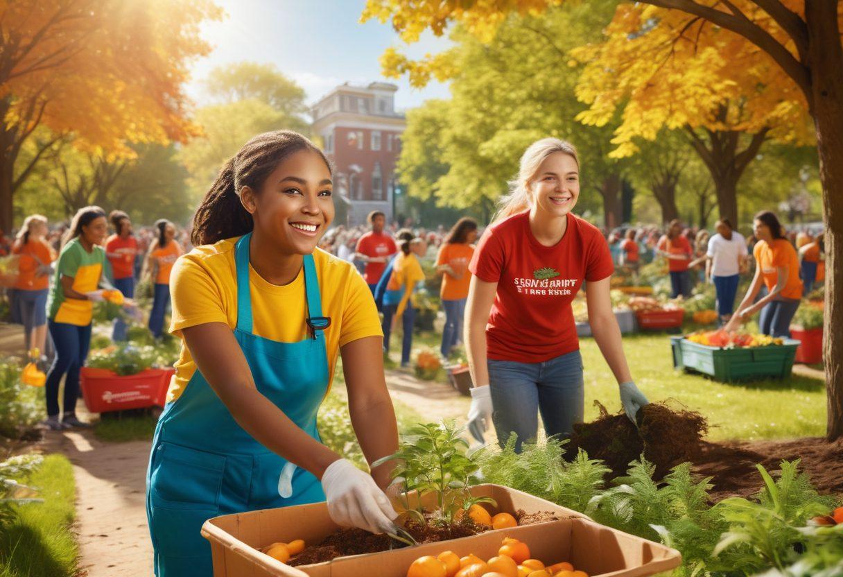 A vibrant scene of diverse volunteers actively engaging in community service, with smiling faces, planting trees and distributing food. The background showcases a sunny park filled with people participating in various activities, highlighting unity and joy. Incorporate warm colors and a sense of movement to evoke feelings of hope and generosity. super-realistic. vibrant colors. sunny day.